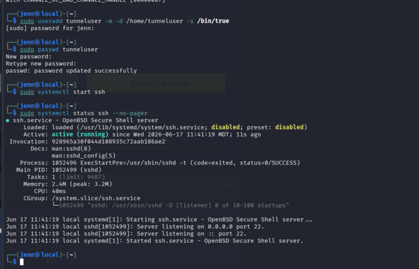 systemctl status ssh showing active (running) state on the attack machine
